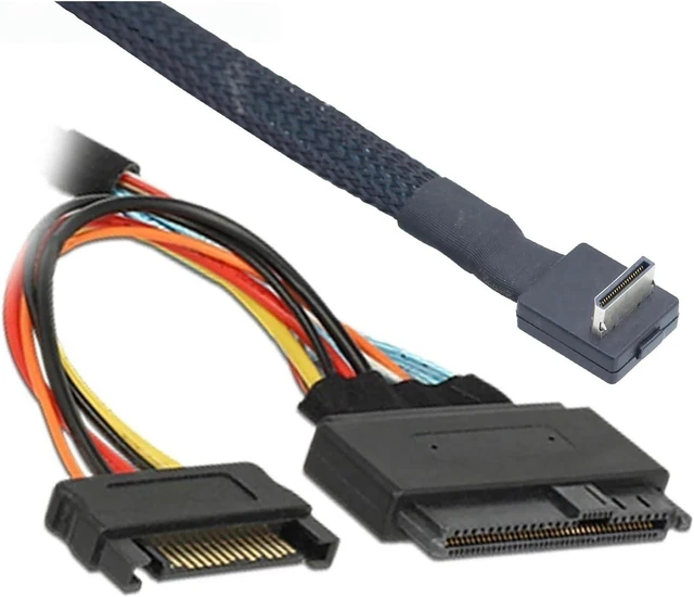 Alt view image 2 of 6 - PCIE Oculink SFF-8611 4I 90 Degree to U.2 S*A*S SFF-8639 with SATA 15P Male Power NVME for SSD Cable(1m)