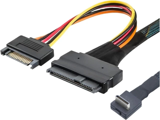 Alt view image 5 of 6 - PCIE Oculink SFF-8611 4I 90 Degree to U.2 S*A*S SFF-8639 with SATA 15P Male Power NVME for SSD Cable(1m)