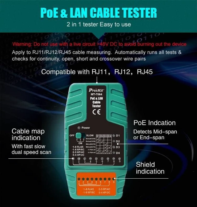 Alt view image 2 of 6 - Cable Tester Po'sKit MT-7064-C POE Video Surveillance Network Cable Finder RJ11 RJ12 RJ45 Connection Port Line Measuring Tool