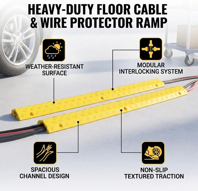 Alt view image 2 of 7 - WALFRONT Heavy Duty Cable Protector Non Slip Modular Interlocking Yellow Wire Cover 1000mm with Anti Fatigue Safety Ramp for Driveway Sidewalk