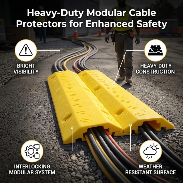 Alt view image 3 of 7 - WALFRONT Heavy Duty Cable Protector Non Slip Modular Interlocking Yellow Wire Cover 1000mm with Anti Fatigue Safety Ramp for Driveway Sidewalk