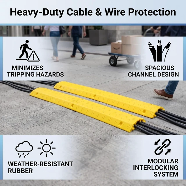 Alt view image 4 of 7 - WALFRONT Heavy Duty Cable Protector Non Slip Modular Interlocking Yellow Wire Cover 1000mm with Anti Fatigue Safety Ramp for Driveway Sidewalk