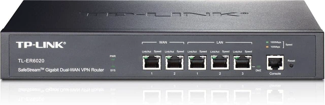 Main image of TP-Link SafeStream TL-ER6020 Gigabit Broadband Desktop/Rackmount VPN Router, 940M NAT throughput, 40k Concurrent Sessions, 64 IPSec VPN Tunnels, VLAN, Multi-NAT, 4 WAN Load Balance or auto failover