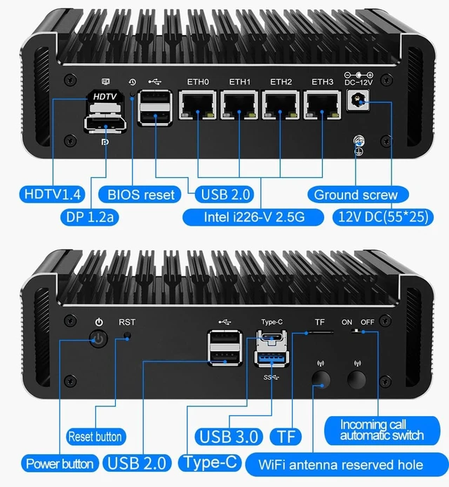 Alt view image 3 of 5 - Mini PC Fanless Firewall Router with 4*I226 2.5G LAN DDR4 2 x SATA3.0