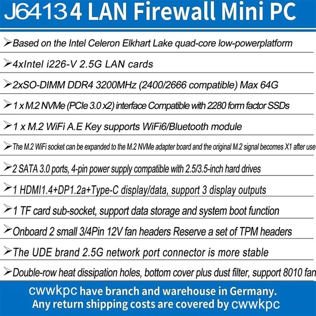 Alt view image 5 of 5 - Mini PC Fanless Firewall Router with 4*I226 2.5G LAN DDR4 2 x SATA3.0