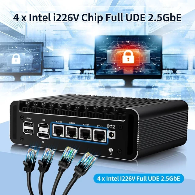 Alt view image 2 of 5 - Mini PC Fanless Firewall Router with 4*I226 2.5G LAN DDR4 2 x SATA3.0