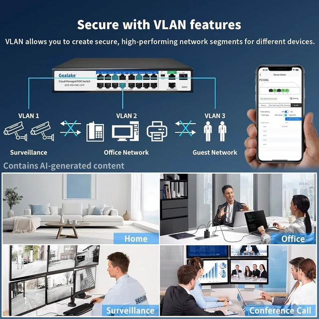 Alt view image 2 of 7 - Goalake 19-Port Managed PoE Switch (16 PoE+ Ports, 2 Uplink Gigabit Ports + 1*1.25G Combo SFP Slots), 240W Built-in Power, Fanless Metal, AI Extend 250m, VLAN, QoS, Plug & Play (Wall/Rack)