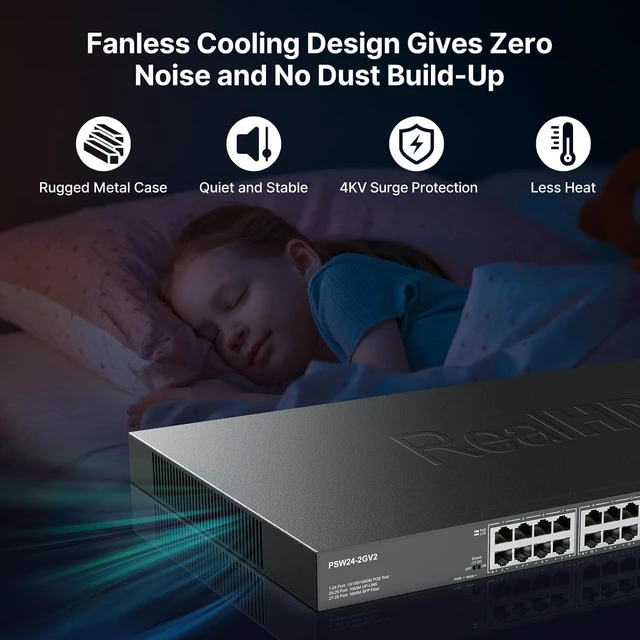 Alt view image 3 of 7 - 24 Port Full Gigabit PoE Switch with 2 Uplink Gigabit Port & 2 SFP Port, 24 Port PoE+ Network Switch, Total Budget 400W, 48V Standard POE, 802.3af/at Compliant, Unmanaged Plug and Play, Rack Mount