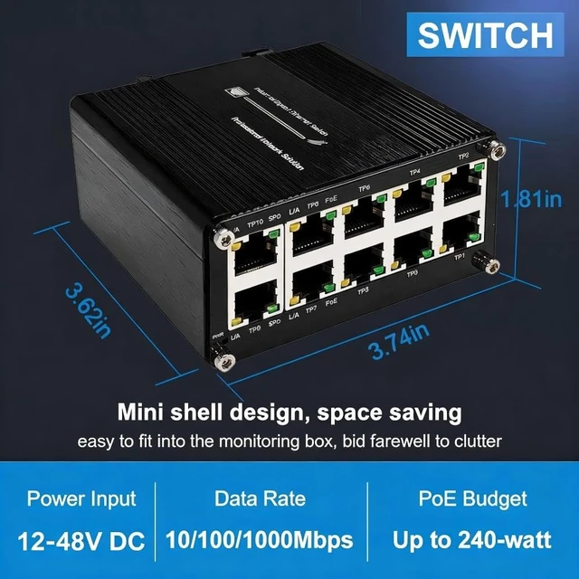 Alt view image 2 of 7 - Industrial 10 Port PoE+ Gigabit Switch, 240W, DIN-Rail 12-48VDC