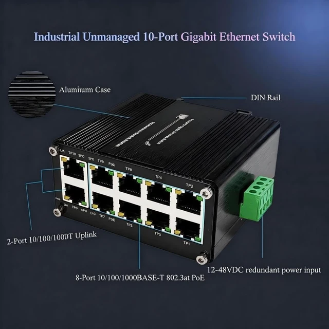 Alt view image 4 of 7 - Industrial 10 Port PoE+ Gigabit Switch, 240W, DIN-Rail 12-48VDC