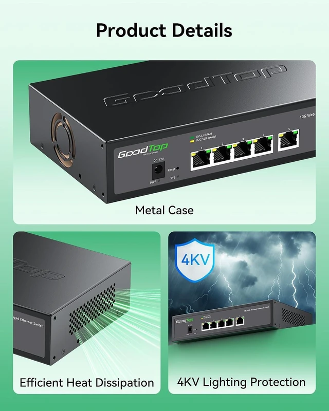 Alt view image 6 of 7 - 5-Port 10G Managed Switch, Powered by Noctua Silent Fan, Metal Housing