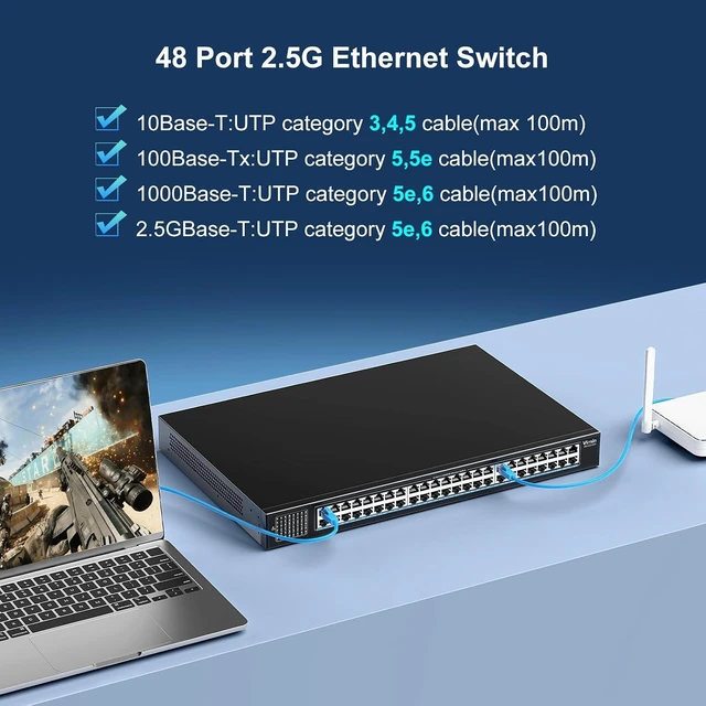 Alt view image 5 of 7 - 2.5G Switch Unmanaged 48 Ports Plug & Play , 19-Inch Rackmount/Desktop