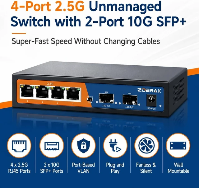 Alt view image 2 of 7 - 6 Port 2.5G Unmanaged Ethernet Switch, 4x2.5G Base-T Ports+2x10G SFP