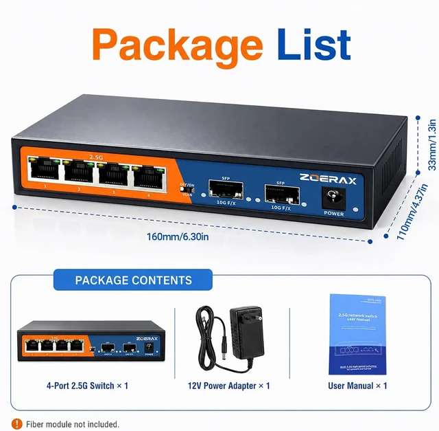 Alt view image 7 of 7 - 6 Port 2.5G Unmanaged Ethernet Switch, 4x2.5G Base-T Ports+2x10G SFP