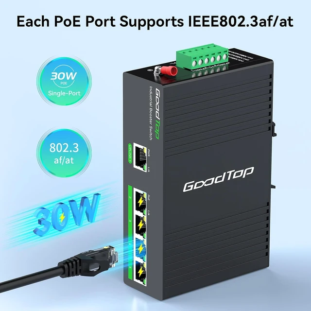Alt view image 2 of 7 - 5 Port Industrial Gigabit PoE+ Switch, 12V/24V to 48V Booster, DIN-Rail