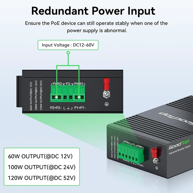 Alt view image 5 of 7 - 5 Port Industrial Gigabit PoE+ Switch, 12V/24V to 48V Booster, DIN-Rail