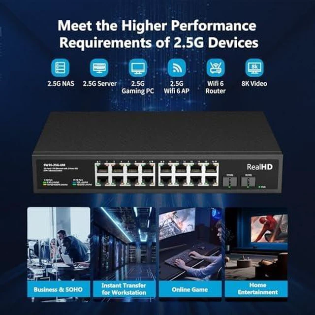 Alt view image 7 of 7 - 16 Port 2.5Gb Unmanaged Ethernet Network Switch with 2 x 10G SFP+ Port, Work with 10-100-1000Mbps, 120G Bandwidth, Fanless Quiet Metal Case, 19 in Rack Mount, 4-Pack 10Gb SFP+ LC Module 98F0t(300M)