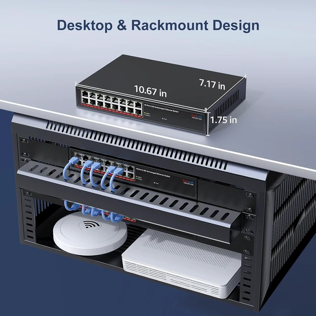 Alt view image 6 of 7 - 16 Port 2.5G Ethernet Switch Unmanaged, VunLink 16×2.5Gbps RJ45 Ports Network Switch, Plug & Play, 100/1000/2500Mbps, Desktop/Rackmount, Fanless Metal Design for NAS, PC, AP, Office Network