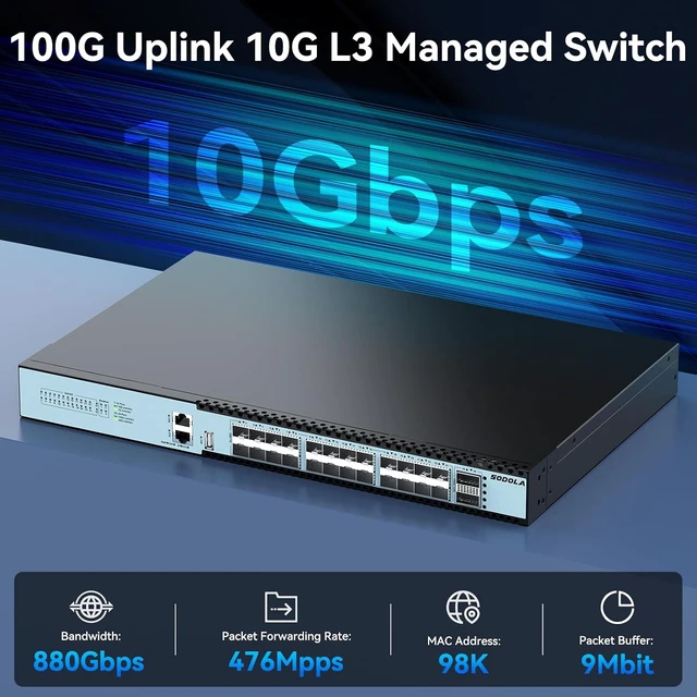 Alt view image 3 of 7 - SODOLA 24 Port 10Gb SFP+ L3 Managed Switch with 2 100G QSFP28 Ports