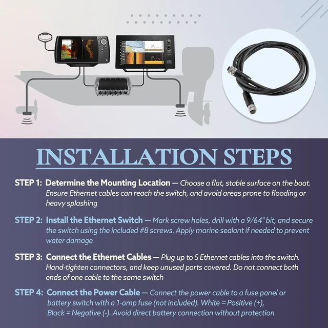 Alt view image 7 of 7 - 5 Port Ethernet Switch & 5 Foot Ethernet Cable Kit, Replace for Humminbird 411850-1 AS ETH 5PGL, 720073-6 AS EC 5E, for APEX SOLIX Helix G4N G3N Fish Finder, Multi-Device Networking w/LED Indicators
