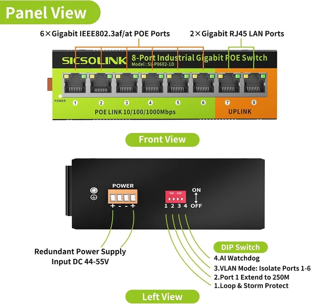 Alt view image 2 of 7 - Industrial 8-Port Gigabit PoE+ Switch, Dual Power, DIN-Rail Mount