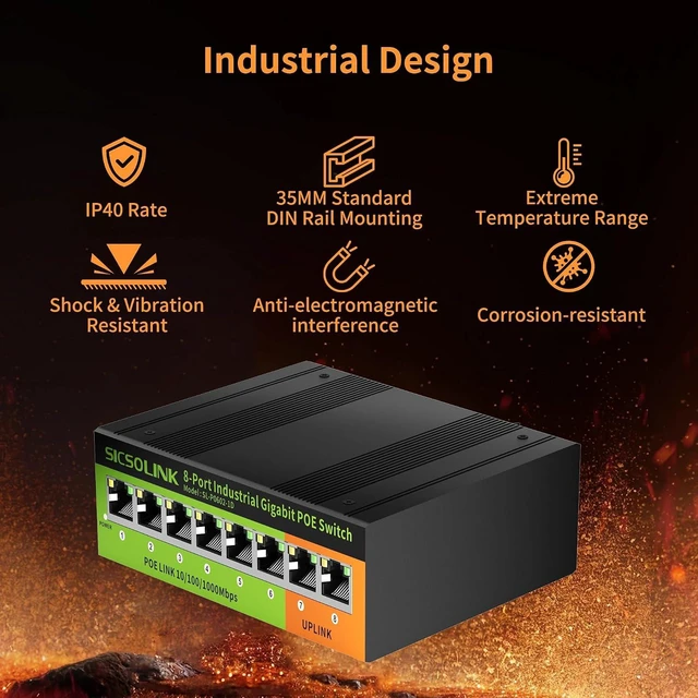 Alt view image 7 of 7 - Industrial 8-Port Gigabit PoE+ Switch, Dual Power, DIN-Rail Mount