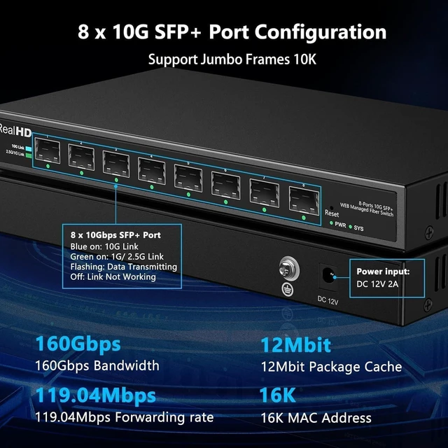 Alt view image 7 of 7 - 8 Port 10Gb SFP+ Web Managed Fiber Switch