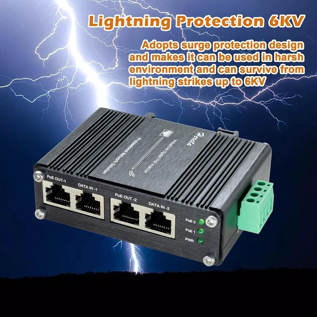Alt view image 4 of 6 - Gigabit PoE+ Injector, 2-Port 30W Industrial PoE Adapter, IEEE 802.3af/at Compliant, Transmission Distance Up to 100M(328 ft), Plug & Play, Metal Housing, DIN-Rail/Wall Mount