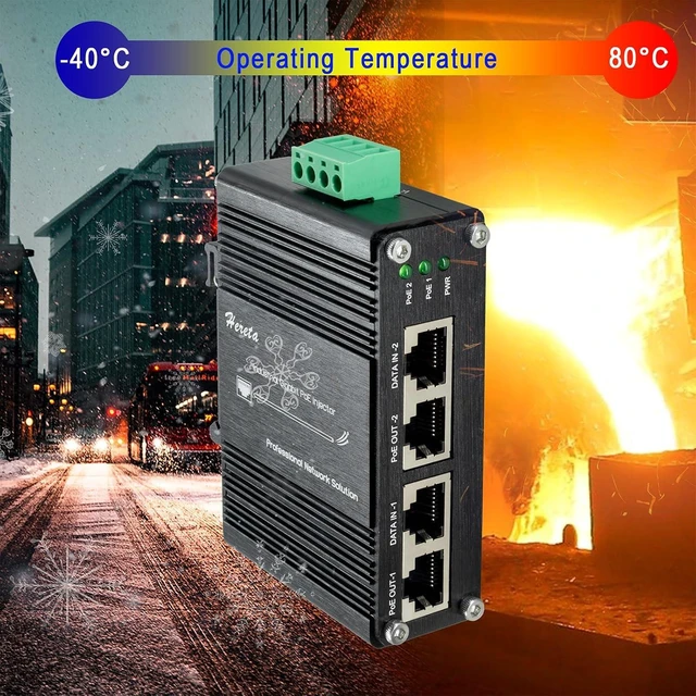 Alt view image 5 of 6 - Gigabit PoE+ Injector, 2-Port 30W Industrial PoE Adapter, IEEE 802.3af/at Compliant, Transmission Distance Up to 100M(328 ft), Plug & Play, Metal Housing, DIN-Rail/Wall Mount