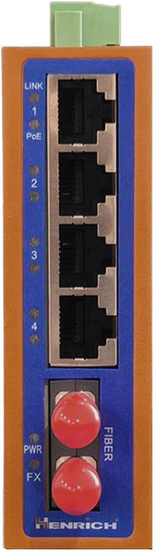 Alt view image 2 of 5 - Henrich 5-Port Industrial Ethernet PoE+ DIN-Rail Switch, ST Fiber, 20km