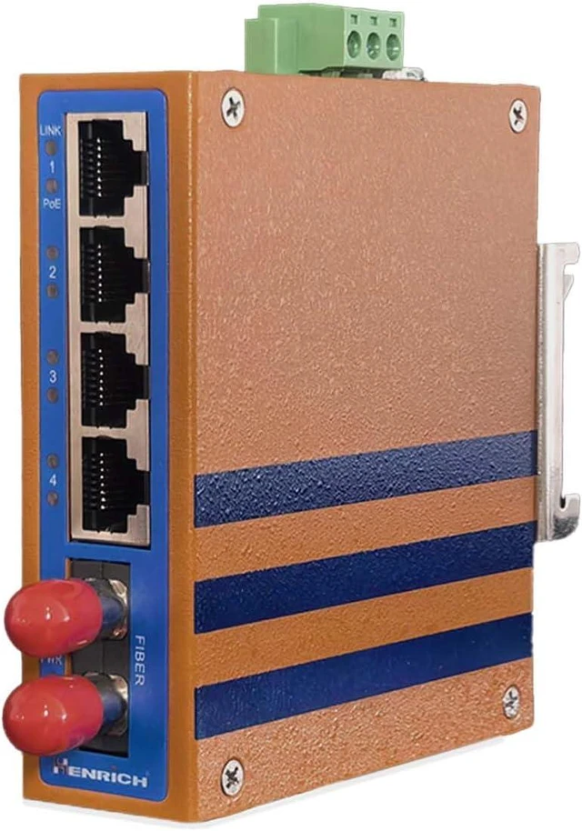 Main image of Henrich 5-Port Industrial Ethernet PoE+ DIN-Rail Switch, ST Fiber, 20km