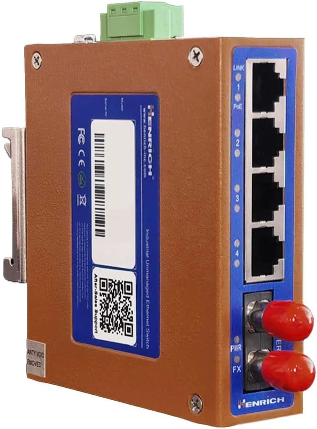 Alt view image 3 of 5 - Henrich 5-Port Industrial Ethernet PoE+ DIN-Rail Switch, ST Fiber, 20km