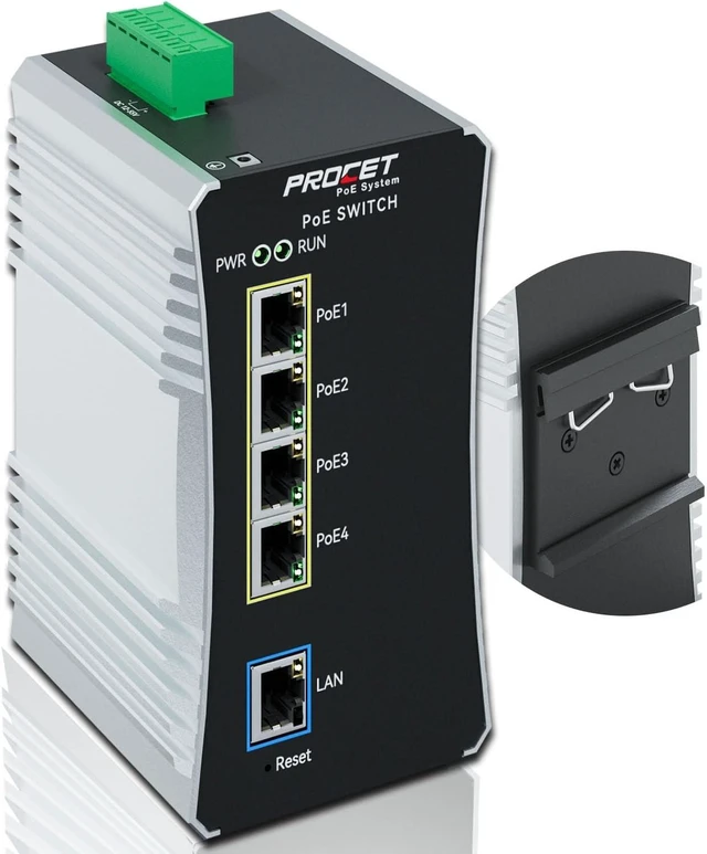 Main image of PROCET Gigabit Managed PoE Switch 4-Port Din Rail, 90W/Port, Industrial POE++ Ethernet Switch with Wide Temp -40°F to 149°F, Boost, 12-57V DC Input, IEEE802.3af/802.3at/802.3bt, PT-PIS4PB1T-E-M