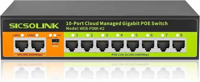 Main image of 10-Port Gigabit PoE+ Switch, 8×PoE+ 120W 30W/Port, 2×Uplink, Cloud/Web Managed, VLAN, Fanless Metal, for IP Cameras, Home Office, Small Business