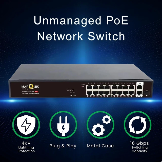 Alt view image 5 of 7 - Marquis 16 Port Full Gigabit PoE Switch with 2 *Gigabit RJ45 Ports, Unmanaged Plug and Play, High Power Total Budget 300W, 802.3af/at Compliant, Fanless & Slience, Metal Housing, Rack Mount