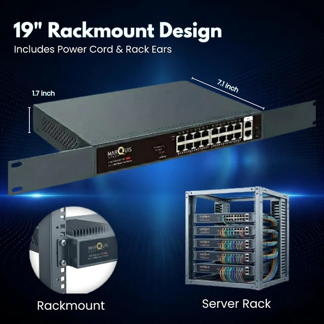 Alt view image 6 of 7 - Marquis 16 Port Full Gigabit PoE Switch with 2 *Gigabit RJ45 Ports, Unmanaged Plug and Play, High Power Total Budget 300W, 802.3af/at Compliant, Fanless & Slience, Metal Housing, Rack Mount