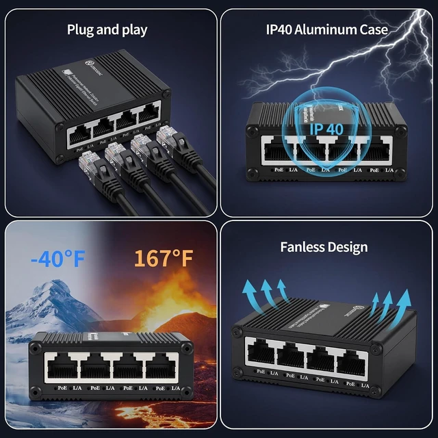 Alt view image 5 of 7 - 5-Port Gigabit PoE+ Switch, Ethernet Switch 4 PoE+ @120W, 1 Uplink