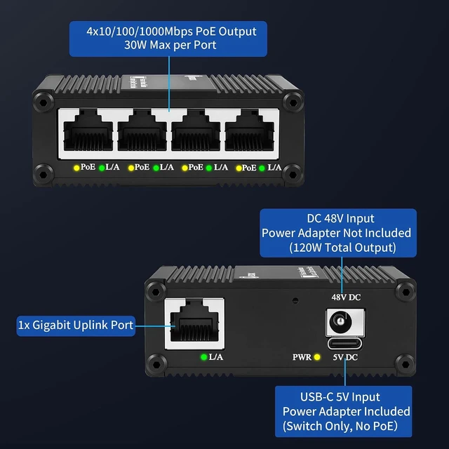 Alt view image 2 of 7 - 5-Port Gigabit PoE+ Switch, Ethernet Switch 4 PoE+ @120W, 1 Uplink