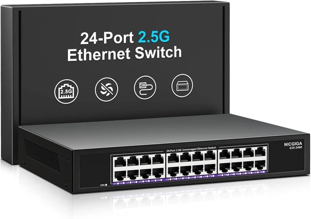 Main image of 24 Port 2.5Gb Ethernet Switch Unmanaged, NICGIGA 24 Port 2.5G Network Switch, Plug & Play, Desktop or 19-inch Rack Mount, Fanless Metal Design.
