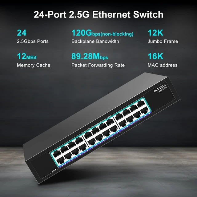 Alt view image 2 of 7 - 24 Port 2.5Gb Ethernet Switch Unmanaged, NICGIGA 24 Port 2.5G Network Switch, Plug & Play, Desktop or 19-inch Rack Mount, Fanless Metal Design.