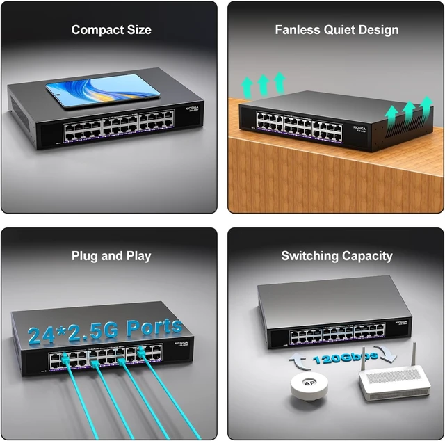 Alt view image 6 of 7 - 24 Port 2.5Gb Ethernet Switch Unmanaged, NICGIGA 24 Port 2.5G Network Switch, Plug & Play, Desktop or 19-inch Rack Mount, Fanless Metal Design.