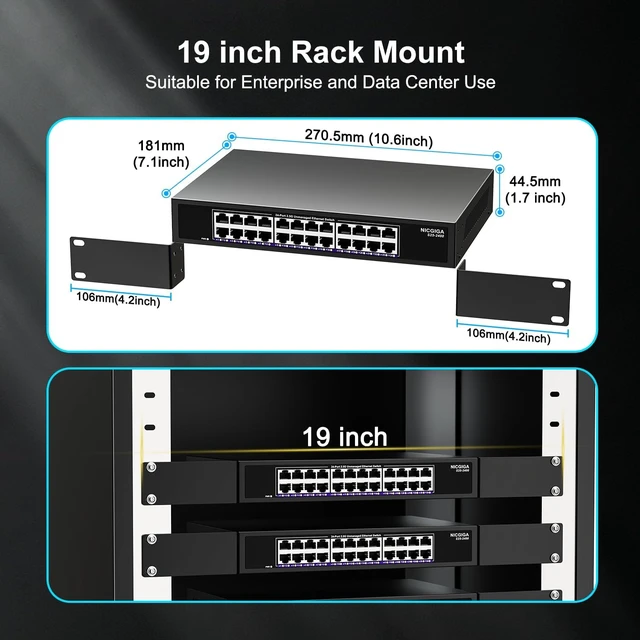 Alt view image 7 of 7 - 24 Port 2.5Gb Ethernet Switch Unmanaged, NICGIGA 24 Port 2.5G Network Switch, Plug & Play, Desktop or 19-inch Rack Mount, Fanless Metal Design.