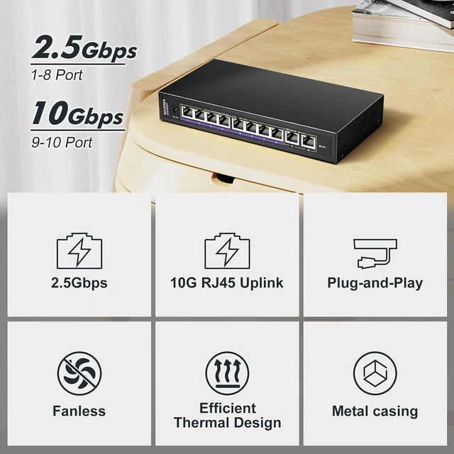 Alt view image 3 of 7 - 10Gbe Ethernet Switch Unmanaged with 2 x 10Gb RJ45 Ports + 8 x 2.5Gb Base-T Ports, Desktop/Wall Mount NICGIGA 10 Port 10Gbps Network Switch for Wireless AP, NAS, PC