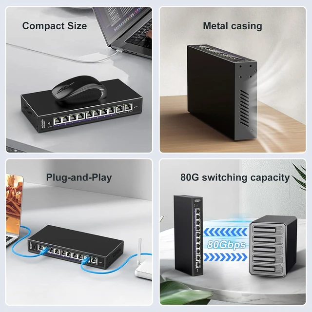 Alt view image 5 of 7 - 10Gbe Ethernet Switch Unmanaged with 2 x 10Gb RJ45 Ports + 8 x 2.5Gb Base-T Ports, Desktop/Wall Mount NICGIGA 10 Port 10Gbps Network Switch for Wireless AP, NAS, PC