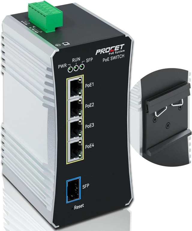 Main image of PROCET Gigabit Managed PoE Switch 4-Port Din Rail, 90W/Port, Industrial PoE++ Fiber Media Converter with Wide Temp -40°F to 149°F, SFP Slot, AC/DC Input, IEEE802.3af/802.3at/802.3bt, PT-PIS4PB1S-AC-M
