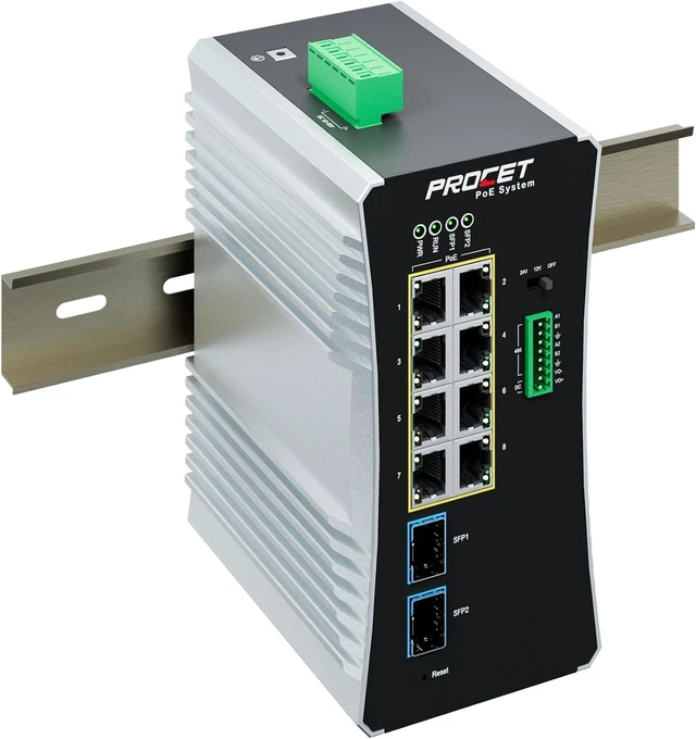 Main image of PROCET Gigabit Managed PoE Switch 8-Port Din Rail @360W, Industrial PoE++ Fiber Media Converter(-40°F to 149°F), 2*2.5G SFP Slot, Boost, Dual RS485 Circuits, IEEE802.3af/at/bt, PT-PIS8PB2S-E-M-RS