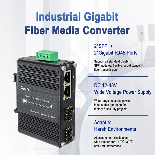 Alt view image 2 of 7 - Industrial 4-Port Gigabit Ethernet Switch, Mini Unmanaged Fiber Network Switch with 2X 10/100/1000Base-T and 2X 100/1000Base-X SFP Ports, Redundant 12-48 VDC Input, IP40 Aluminum Case, DIN-Rail