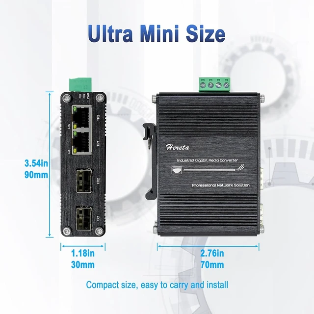 Alt view image 5 of 7 - Industrial 4-Port Gigabit Ethernet Switch, Mini Unmanaged Fiber Network Switch with 2X 10/100/1000Base-T and 2X 100/1000Base-X SFP Ports, Redundant 12-48 VDC Input, IP40 Aluminum Case, DIN-Rail