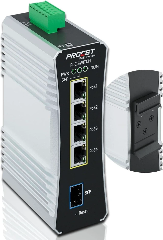 Main image of PROCET Gigabit Managed PoE Switch 4-Port Din Rail, 90W/Port, Industrial PoE++ Fiber Media Converter with Wide Temp -40°F to 149°F, SFP Slot, IEEE802.3af/802.3at/802.3bt, PT-PIS4PB1S-M