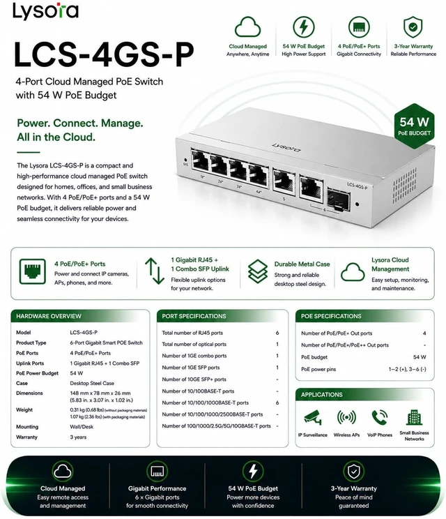 Alt view image 2 of 5 - Lysora LCS-4GS-P 4-Port Gigabit Cloud Managed PoE Switch